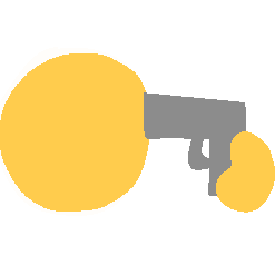 an emoji-yellow face stylized with no facial features pointing a cartoony gray gun to their head